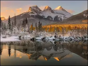 Policeman Creek, Kanada, Las, Rzeka, Krzewy, Góra, Alberta, Canmore, Drzewa, Three Sisters, Odbicie, Canadian Rockies, Góry