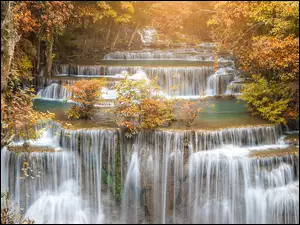 Prowincja, Jesień, Huay Mae Khamin Waterfalls, Kanchanaburi, Drzewa, Park Narodowy Khuean Srinagarindra, Tajlandia, Wodospad