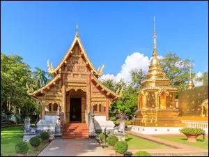 Wat Phra Singh Woramahawihan, Pagoda, Tajlandia, Świątynia, Chiang Mai, Niebo, Drzewa