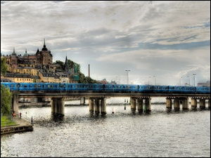 Rzeka, Pociąg, Most, Miasto, Drzewa