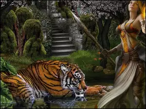 fantasy, Kobieta, Tygrys