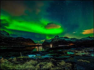 Zorza polarna, Norwegia, Morze, Góry, Lofoty