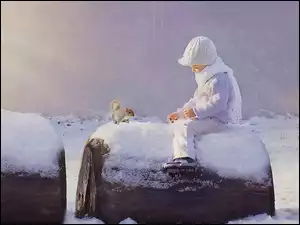 Wiewiórka, Zima, Śnieg, Dziecko