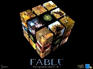 Fable, obrazy, sześcian, logo