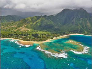 Oceaniczne wybrzeże z plaża i lasem i wyspą na Hawajach