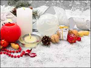 Kompozycja, Świece, Szyszka, Świąteczna, Orzechy, Wstążka, Bombki