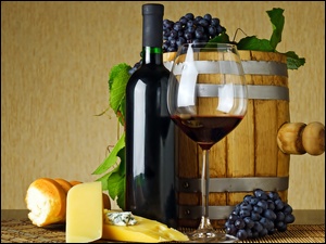 Sery, Winogrona, Butelka, Beczka, Wino, Kieliszek