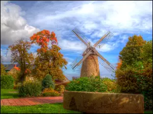 Wiatrak, HDR, Drzewa, Jesień, Dom