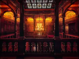 Żyrandol, Balustrada, Two Temple Place, Astor House, Witraże, Londyn, Korytarz, Wnętrze, Galeria publiczna, Kolumny, Anglia