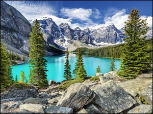 Jezioro Moraine z lasem i kamieniami