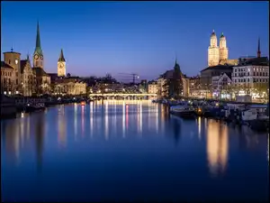 Zurych, Szwajcaria, Domy, Most, Noc, Rzeka Limmat