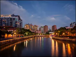 Chmur, Drapacze, Rzeka, Nocą, Budynki, Singapur