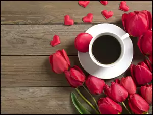 Kawa, Deski, Tulipany, Czerwone, Kubek