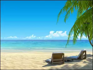 Leżaki, Plaża, Morze, Wakacje, Palmy, Tropiki
