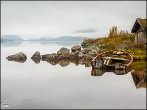Kamienie, Drewniany, Norwegia, Łódka, Skjolden, Jezioro Mosvatnet, Dom