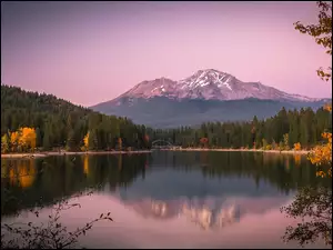 Stany Zjednoczone, Lasy, Drzewa, Odbicie, Lake Siskiyou, Jezioro, Stratowulkan, Góry, Mount Shasta, Kalifornia