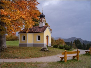 Krun, Kaplica, Ławki, Bawaria, Maria Rast, Góry, Niemcy, Drzewo