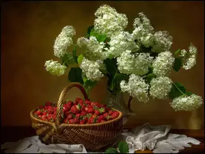 Kalina koralowa, Kwiaty, Wazon, Koszyk, Bukiet, Truskawki