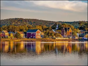 Kanada, Domy, Nowa Szkocja, Annapolis Royal, Prowincja, Rzeka, Annapolis River, Góry, Miasto