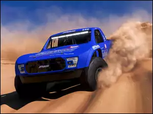 Rajd, Forza Horizon 5 Rally Adventures, Pustynia, Przód, Piasek, Samochód, Terenowy, Gra, Niebieski