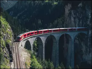 Kanton Gryzonia, Szwajcaria, Pociąg, Wiadukt Landwasser, Tory, Drzewa, Góry Alpy