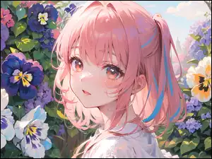 Kwiaty, Anime, Spojrzenie, Dziewczyna, Lato