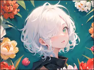 Tulipany, Anime, Spojrzenie, Dziewczyna, Kwiaty