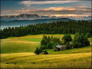 Widok na dom i pola na tle gór