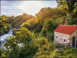 Rzeka, Park Narodowy Krka, Dom, Chorwacja, Wodospad, Drzewa