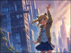 Anime, Dziewczyna, Deszcz, Domy