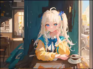 Anime, Dziewczyna, Blondynka, Kawa