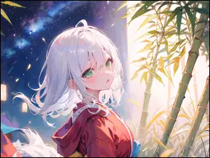 Anime, Dziewczyna, Bambus, Latarnie