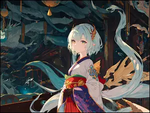Kimono, Dziewczyna, Rękawiczki, Anime, Biżuteria, Smok