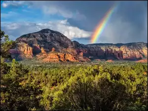 Sedona, Tęcza, Góry, Arizona, Drzewa, Wilson, Stany Zjednoczone, Chmury