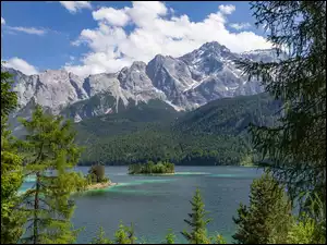 Jezioro, Góry, Drzewa, Niemcy, Eibsee, Sosny