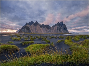 Góry, Góra Vestrahorn, Trawa, Islandia, Piasek, Czarny, Plaża
