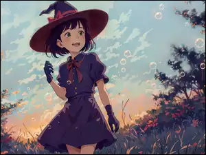 Sukienka, Anime, Kapelusz, Dziewczyna, Rękawiczki