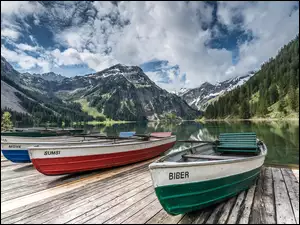 Tyrol, Austria, Jezioro, Pomost, Góry, Łodzie