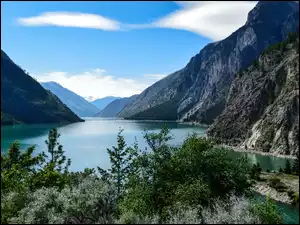 Lillooet, Góry Nadbrzeżne, Drzewa, Kolumbia Brytyjska, Jezioro, Niebo, Kanada, Seton Lake