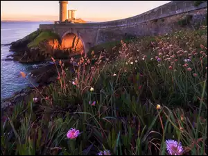 Francja, Phare du Petit Minou, Gmina Plouzane, Latarnia morska, Łąka, Morze, Mur, Kwiaty, Most, Bretania