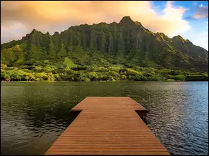 Stany Zjednoczone, Pomost, Hawaje, Molii Pond, Wyspa Oahu, Drzewa, Chmury, Góry, Jezioro