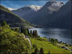 Góry, Gmina Aurland, Drogi, Norwegia, Domy, Aurlandsfjord, Fiord