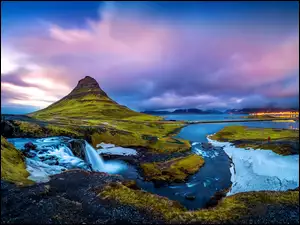 Rzeka, Islandia, Góra Kirkjufell, Góry, Wodospad Kirkjufellsfoss