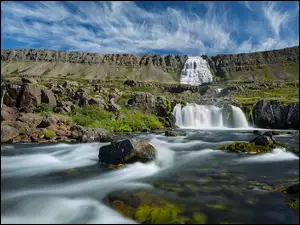 Wodospad Dynjandi, Rzeka, Góry, Islandia, Kamienie