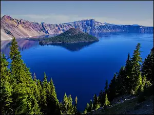 Wyspa Czarodzieja, Góry, Stany Zjednoczone, Jezioro Kraterowe, Oregon, Park Narodowy Jeziora Kraterowego, Drzewa