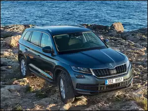 Škoda Kodiaq rocznik 2017 na kamienistym brzegu morza