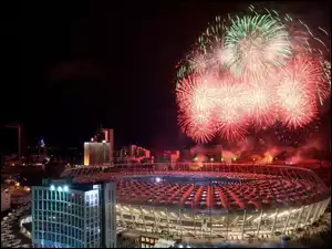 Kijów, Ukraina, Narodowy, Fajerwerki, Stadion, Noc