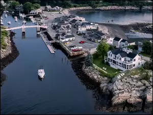 Rzeka Ogunquit, Domy, Żaglówki, Drzewa, Maine, Zatoka, Wybrzeże, Stany Zjednoczone, Przystań, Ogunquit, Z lotu ptaka
