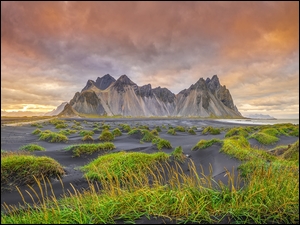 Piasek, Islandia, Plaża, Trawa, Góry, Czarny, Niebo, Góra Vestrahorn