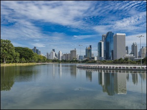 Benjakitti Lake, Jezioro, Drzewa, Tajlandia, Wieżowce, Bangkok